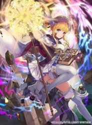 Rule 34 | 1girl, blonde hair, book, boots, clarine, closed mouth, company name, copyright name, fire emblem, fire emblem: the binding blade, fire emblem cipher, gloves, hat, high heels, holding, holding book, holding staff, horse, kurosawa tetsu, magic circle, nintendo, official art, purple eyes, purple gloves, purple hat, rock, skirt, smile, solo, staff, thigh boots, thighhighs