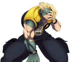 Rule 34 | 1boy, abs, adjusting eyewear, belt, blonde hair, charlie nash, eric lowery, forehead jewel, glasses, hand on own face, highres, male focus, muscular, solo, stitches, street fighter, street fighter v, vest