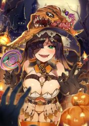 Rule 34 | 1girl, absurdres, belt, black gloves, black hair, blunt bangs, blush, breasts, candy, castle, cleavage, elbow gloves, food, full moon, gloves, green eyes, hair over one eye, halloween, hat, highres, huge filesize, jack-o&#039;-lantern, kabu (niniko2ko), large breasts, leaning forward, lollipop, long hair, looking at viewer, moon, navel, night, original, pov, solo focus, thighhighs, tongue, witch hat
