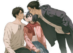 Rule 34 | 1girl, 2boys, anger vein, bent over, black eyes, black hair, black hoodie, chinese commentary, commentary request, covering another&#039;s mouth, dual persona, eren yeager, frown, green eyes, highres, hood, hoodie, jacket, mikasa ackerman, multiple boys, niku (ni23ku), pink jacket, pleated skirt, red scarf, scarf, shingeki no kyojin, sitting, skirt, twitter username, weibo username