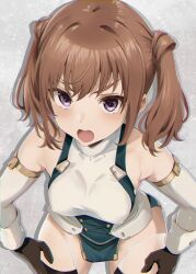 Rule 34 | 1girl, absurdres, airport96, alice gear aegis, breasts, brown gloves, brown hair, commentary request, covered erect nipples, detached sleeves, gloves, hands on own thighs, highres, kimikage yui, long hair, looking at viewer, looking up, medium breasts, open mouth, purple eyes, solo, twintails