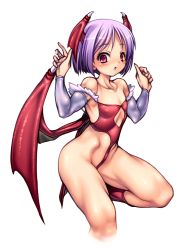 Rule 34 | 1girl, breasts, capcom, chabo (fuketsudan), covered erect nipples, facing viewer, flat chest, head wings, leotard, lilith aensland, looking at viewer, purple hair, red eyes, solo, vampire (game), wings