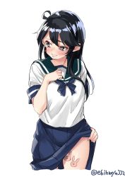 Rule 34 | 1girl, ahoge, black hair, blue sailor collar, blue skirt, brown eyes, rabbit, clothes lift, cowboy shot, ebifurya, highres, kantai collection, lifted by self, long hair, looking to the side, one-hour drawing challenge, pleated skirt, sailor collar, school uniform, serafuku, simple background, skirt, skirt lift, solo, tattoo, twitter username, ushio (kancolle), white background