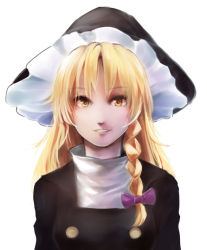 Rule 34 | 1girl, black hat, blonde hair, bow, braid, breasts, buttons, commentary request, cookie (touhou), hair bow, hat, kirisame marisa, long hair, looking at viewer, marutoman chuui, medium breasts, parted lips, purple bow, rei (cookie), shirt, side braid, simple background, single braid, smile, solo, touhou, turtleneck, upper body, white background, white shirt, witch hat, yellow eyes