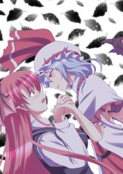 Rule 34 | 2girls, bat wings, belt, blue hair, blush, bow, breasts, demon, demon girl, demon wings, dress, eye contact, face-to-face, facing another, from side, hair between eyes, hakomaru (pandora box), half-closed eyes, happy, hat, head wings, highres, holding hands, jacket, koakuma, large breasts, leaf, long hair, long sleeves, looking at another, mob cap, multiple girls, necktie, open mouth, orange eyes, pandora (angelfeather-heart), pointy ears, red eyes, red hair, remilia scarlet, ribbon, shirt, short hair, short sleeves, smile, tongue, touhou, upper body, vampire, vest, white shirt, wind, wings, yuri