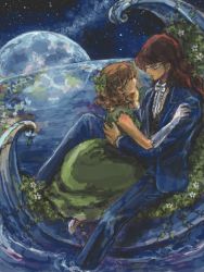 Rule 34 | 1boy, 1girl, age difference, bishoujo senshi sailor moon, blue pants, bow, bowtie, brown hair, couple, dress, elbow gloves, flower, formal, full moon, gloves, green dress, hair bow, hand on another&#039;s shoulder, hetero, holding, long hair, mask, moon, nato (imutan723), nephrite (sailor moon), night, night sky, oosaka naru, pants, plant, short hair, sitting, sky, star (sky), starry sky, suit, tegaki, traditional bowtie, tuxedo, white gloves