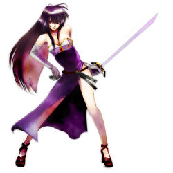Rule 34 | 1girl, ayra (fire emblem), bare shoulders, belt, cross-empire, elbow gloves, female focus, fire emblem, fire emblem: genealogy of the holy war, full body, gloves, long hair, nintendo, purple hair, red eyes, simple background, solo, sword, weapon, white background