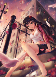 Rule 34 | 10s, 1girl, barefoot, bird, black hair, blunt bangs, blurry, blush, breasts, building, chiwa (tsugumisky), cleavage, depth of field, dove, dutch angle, feet, flower, green eyes, hair flower, hair ornament, highres, kurosawa dia, lamppost, long hair, looking at viewer, love live!, love live! sunshine!!, medium breasts, midriff peek, mole, mole under mouth, outdoors, plaid, plaid shirt, rose, see-through, shirt, shoes, unworn shoes, shorts, smile, solo, sunset, toes, wet, wet clothes, wet shirt