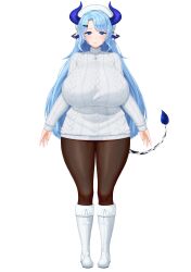 Rule 34 | 1girl, absurdres, animal ears, arms at sides, blue eyes, blue hair, blush, boots, breasts, cow ears, cow horns, cow tail, cream cod, curvy, hair ornament, hairclip, hat, highres, horns, huge breasts, indie virtual youtuber, long hair, long sleeves, looking at viewer, mature female, miilkywayz, mole, mole under eye, mole under mouth, pantyhose, pom pom (clothes), smile, solo, sweater, tail, thick thighs, thighs, virtual youtuber, white hat, white sweater, wide hips