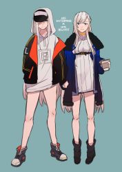 Rule 34 | 2girls, alternate costume, azur lane, bare legs, baseball cap, belfast (azur lane), black headwear, black jacket, blue coat, blue eyes, boots, casual, coat, coffee cup, collar, cup, disposable cup, dress, earrings, english text, enterprise (azur lane), full body, fur trim, gradient clothes, hair over one eye, holding hands, hands in pockets, hat, highres, hinagi (fox priest), hood, hood up, long hoodie, jacket, jewelry, long hair, looking at viewer, multiple girls, purple eyes, ribbed sweater, shoes, silver hair, sleeves past wrists, smile, sneakers, standing, sweater, sweater dress, very long hair, white headwear