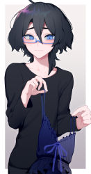 Rule 34 | 1boy, absurdres, ahoge, black hair, black shirt, blue-framed eyewear, blue eyes, blush, border, closed mouth, collarbone, commentary request, glasses, grey background, hair between eyes, hand up, highres, holding, holding clothes, holding swimsuit, indie virtual youtuber, kushizaki (vtuber), long sleeves, looking at viewer, male focus, one-piece swimsuit, outside border, semi-rimless eyewear, shirt, short hair, solo, st (youx1119), striped clothes, striped one-piece swimsuit, sweat, swimsuit, under-rim eyewear, upper body, virtual youtuber, white border