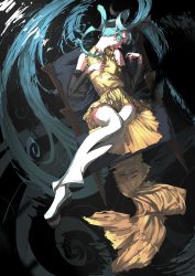 Rule 34 | 1girl, absurdly long hair, absurdres, black sleeves, blue hair, blue necktie, collared shirt, commentary request, detached sleeves, facing to the side, from above, hatsune miku, highres, long hair, necktie, nico-tine, on chair, pleated skirt, shirt, skirt, sleeveless, sleeveless shirt, solo, thighhighs, very long hair, vocaloid, water, white footwear, white thighhighs, yellow shirt, yellow skirt