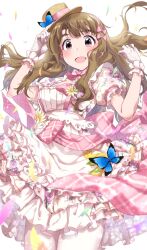 Rule 34 | 1girl, blurry, blurry foreground, blush, brown eyes, brown hair, bug, butterfly, confetti, dress, floral print, frilled dress, frills, gloves, hair ribbon, hairband, hands up, hat ornament, highres, idolmaster, idolmaster million live!, idolmaster million live! theater days, insect, lace, lace-trimmed gloves, lace trim, layered dress, long hair, looking at viewer, miyao miya, neck ribbon, open mouth, pantyhose, pink ribbon, puffy short sleeves, puffy sleeves, ribbon, run p (aveton), sash, scrunchie, short sleeves, smile, solo, thick eyebrows, white background, white dress, white pantyhose