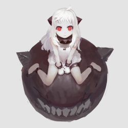 Rule 34 | 10s, 1girl, absurdres, abyssal ship, bracelet, colored skin, dress, highres, jewelry, kantai collection, long hair, looking at viewer, mittens, northern ocean princess, red eyes, riding, sitting, solo, spiked bracelet, spikes, teeth, tuzki, v arms, wariza, white dress, white hair, white skin