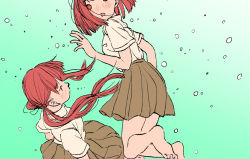 Rule 34 | 2girls, air bubble, bare legs, barefoot, blush, brown skirt, bubble, commentary request, green background, highres, long hair, looking at viewer, multiple girls, no pupils, open mouth, original, pleated skirt, red hair, school uniform, shiki haru, shirt, short hair, short sleeves, skirt, twintails, underwater, white shirt