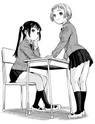 Rule 34 | 2girls, chair, closed mouth, collared shirt, commentary request, desk, from side, full body, greyscale, hair ornament, hair scrunchie, hand on own cheek, hand on own face, jacket, kneehighs, legs, long hair, looking at viewer, looking to the side, mary janes, miniskirt, monochrome, multiple girls, necktie, on chair, original, pleated skirt, pocket, resolution mismatch, school chair, school desk, school uniform, scrunchie, shirt, shoes, short hair, simple background, sitting, skirt, smile, socks, source larger, standing, twintails, wadachitokakeru