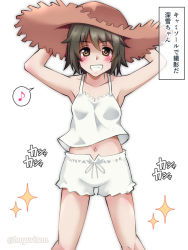 Rule 34 | 1girl, akichin (atelier baguri), black hair, breasts, brown hair, camisole, grin, hat, kantai collection, medium hair, miyuki (kancolle), musical note, navel, shorts, small breasts, smile, solo, sparkle, spoken musical note, sun hat, translation request, white shorts