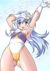 Rule 34 | 10s, 1girl, arm up, armpits, ass, blue eyes, blue hair, breasts, cameltoe, commentary request, cosplay, covered navel, covered erect nipples, gloves, gluteal fold, gundam, gundam build divers, gundam seed, gundam seed destiny, hair intakes, hair ornament, highleg, highleg leotard, leotard, light blue hair, long hair, meer campbell, meer campbell (cosplay), navel, open mouth, partially visible vulva, sara (gundam build divers), skin tight, small breasts, smile, solo, star (symbol), star hair ornament, thighs, thong, thong leotard, white gloves, yukimura hajime