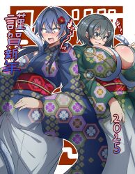 2girls absurdres animal animal_between_breasts animal_in_clothes blue_hair blue_kimono blush breasts chinese_zodiac cleavage commentary_request constricted_pupils cowboy_shot floral_print floral_print_kimono floral_print_sash flower gradient_clothes gradient_kimono green_eyes green_kimono grey_hair hair_flower hair_ornament hairclip hand_up hexagon_print_kimono hexagon_print_sash highres huge_breasts japanese_clothes kanon_shinomiya_(risakiriki) kimono long_hair medium_breasts medium_hair multiple_girls nervous_smile omurice_(green_solenoid) open_mouth outline print_kimono red_flower red_sash risakiriki sash smile snake snake_wrapped_around_body standing surprised sweat translation_request two-tone_kimono white_background white_kimono white_outline white_snake year_of_the_snake yukata yuri_ametsuki_(risakiriki)