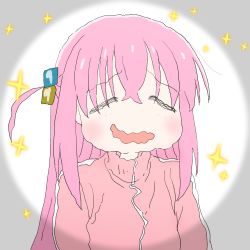 Rule 34 | 1girl, = =, absurdres, blush, bocchi the rock!, closed eyes, commentary request, crossed bangs, cube hair ornament, gotoh hitori, hair between eyes, hair ornament, highres, jacket, long hair, makicha (sasurainopink), one side up, open mouth, pink hair, pink jacket, simple background, solo, sparkle, track jacket, upper body, wavy mouth