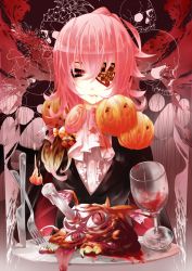 Rule 34 | blood, candle, candy, cup, drinking glass, eyepatch, fork, guro, highres, knife, long hair, makeup, male focus, original, pink hair, pumpkin, red eyes, skull, slit pupils, solo, vampire, wine glass