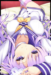 Rule 34 | 1girl, arms behind head, arms up, breasts, choker, choujigen game neptune, collarbone, commentary request, d-pad, d-pad hair ornament, dress, from above, hair ornament, highres, impossible clothes, impossible dress, iwashi dorobou -r-, large breasts, light blush, long hair, long sleeves, looking at viewer, lying, neckerchief, nepgear, neptune (series), on back, on bed, pink thighhighs, purple eyes, purple hair, sailor dress, smile, solo, split mouth, striped clothes, striped thighhighs, thighhighs, upside-down, white choker, white thighhighs, yellow neckerchief