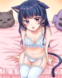 Rule 34 | 1girl, animal ears, bed sheet, blue bra, blue hair, blue panties, blue thighhighs, bra, breasts, cat ears, cat-shaped pillow, cat tail, collarbone, cowboy shot, eneco, fang, garter straps, ghost-shaped pillow, gluteal fold, head tilt, kemonomimi mode, lace, lace-trimmed bra, lace-trimmed legwear, lace-trimmed panties, lace trim, long hair, looking at viewer, love live!, love live! sunshine!!, navel, on bed, open mouth, panties, purple eyes, sitting, skin fang, small breasts, solo, tail, thigh gap, thighhighs, tsushima yoshiko, underwear, underwear only, very long hair