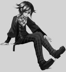 Rule 34 | 1boy, bad id, bad pixiv id, checkered clothes, checkered scarf, danganronpa (series), danganronpa v3: killing harmony, grey background, hand on leg, hand on own knee, hand on own leg, heterochromia, iberico, long sleeves, looking at viewer, male focus, monochrome, oma kokichi, pants, scarf, simple background, smile, spot color, striped clothes, striped legwear, striped pants, vertical-striped clothes, vertical-striped pants
