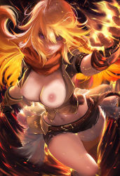 Rule 34 | 1girl, artist name, belt, bike shorts, blonde hair, breasts, fire, gloves, highres, large breasts, long hair, midriff, navel, nipples, purple eyes, rwby, sakimichan, scarf, shorts, single thighhigh, solo, thighhighs, third-party edit, watermark, yang xiao long, yellow thighhighs