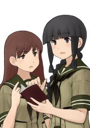 Rule 34 | 10s, 2girls, bad id, bad twitter id, black hair, blunt bangs, book, braid, brown hair, fuyube gin (huyube), highres, hime cut, index finger raised, kantai collection, kitakami (kancolle), long hair, multiple girls, official style, ooi (kancolle), open mouth, school uniform, serafuku, smile