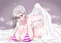 Rule 34 | 1girl, absurdres, ahoge, bikini, blush, breasts, cleavage, collarbone, eyes visible through hair, frim 02, grey hair, hair ornament, hair over one eye, hanging breasts, highres, large breasts, long hair, looking at viewer, mole, mole under eye, multicolored bikini, multicolored clothes, nijisanji, open mouth, pink eyes, simple background, solo, steam, steaming body, string bikini, striped, striped bikini, sukoya kana, sweat, swimsuit, virtual youtuber, x hair ornament