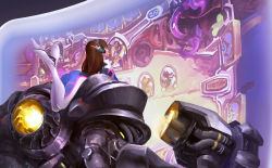 Rule 34 | 1boy, 1girl, armor, ass, bad id, bad pixiv id, blizzard (company), bodysuit, brown hair, company connection, d.va (overwatch), facial mark, full armor, hammer, headphones, hearthstone, height difference, holographic interface, linxz, long hair, on shoulder, overwatch, overwatch 1, pilot suit, reinhardt (overwatch), skin tight, uther lightbringer, war hammer, warcraft, warhammer, weapon, whisker markings