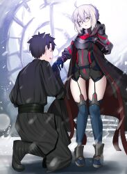 1boy 1girl absurdres ahoge arm_guards armor artoria_pendragon_(fate) black_coat black_hair black_leotard blonde_hair blush braid breastplate breasts coat fate/grand_order fate_(series) fujimaru_ritsuka_(male) garter_straps glasses grey_thighhighs hair_between_eyes hair_bun highres kneeling leotard long_hair long_sleeves longdq3008 medium_breasts mysterious_heroine_x_alter_(fate) mysterious_heroine_x_alter_(third_ascension)_(fate) short_hair sidelocks thighhighs yellow_eyes