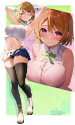 Rule 34 | 1girl, absurdres, armpits, arms behind head, black panties, black thighhighs, blue skirt, breasts, brown hair, button gap, closed mouth, commission, glasses, green background, green ribbon, highres, koizumi hanayo, large breasts, looking at viewer, love live!, love live! school idol project, midriff, miniskirt, multiple views, nakano maru, navel, neck ribbon, over-kneehighs, panties, pixiv commission, ribbon, shirt, short hair, signature, skirt, smile, stomach, thighhighs, underwear, white shirt