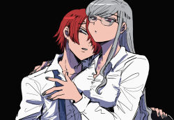 Rule 34 | 1boy, 1girl, black background, breasts, closed mouth, collared shirt, commentary request, glasses, grey hair, grey nails, hair over one eye, hand on another&#039;s ass, hand on another&#039;s chest, hetero, highres, kinu (konoyoha mtgi), long hair, long sleeves, looking at viewer, martina electro, master detective archives: rain code, medium breasts, nail polish, necktie, red eyes, red hair, shirt, short hair, simple background, undone necktie, upper body, white shirt, yomi hellsmile