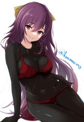 Rule 34 | 1girl, absurdres, arm support, black bodysuit, bodysuit, bow, bra, breasts, covered navel, hair bow, highres, honma (honmatomohiro), kamikaze (kancolle), kantai collection, large breasts, looking at viewer, panties, purple eyes, purple hair, red bra, red panties, sitting, skin tight, solo, underwear, yellow bow