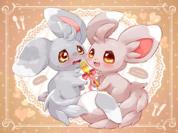 Rule 34 | alternate color, blush, brown background, brown eyes, collaboration, commentary request, creatures (company), eye contact, fork, framed, game freak, gen 5 pokemon, glint, grey fur, highres, holding, holding fork, looking at another, minccino, nintendo, no humans, open mouth, pink ribbon, pokemon, pokemon (creature), ribbon, shii (no-va could), shiny and normal, shiny pokemon, smile, speech bubble, sweatdrop, tongue, umame (sarai1022)