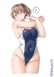 Rule 34 | 1girl, alternate costume, bare shoulders, blue eyes, blush, breasts, brown hair, cleavage, competition swimsuit, covered navel, cowboy shot, cropped legs, ebifurya, gluteal fold, hair between eyes, highleg, highleg swimsuit, highres, intrepid (kancolle), kantai collection, large breasts, long hair, looking at viewer, musical note, navel, one-piece swimsuit, open mouth, ponytail, short hair, simple background, skindentation, smile, solo, standing, stretching, swimsuit, twitter username, white background