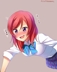 Rule 34 | 10s, 1girl, blouse, blue bow, blue bowtie, blush, bow, bowtie, collared shirt, dated, grey background, hair between eyes, highres, love live!, love live! school idol project, miniskirt, nishikino maki, one-hour drawing challenge, open mouth, purple eyes, red hair, ribbon, school uniform, shirt, short hair, simple background, skirt, sleeves rolled up, smile, solo, striped bow, striped bowtie, striped clothes, sweat, white shirt, yu-ta