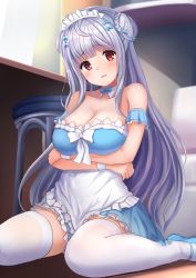 Rule 34 | 1girl, alternate costume, apron, azur lane, blue footwear, blue ribbon, blush, breast hold, breasts, chair, cleavage, collarbone, cygnet (an offer to be maid) (azur lane), cygnet (azur lane), desk, double bun, embarrassed, enmaided, frills, hair between eyes, hair bun, hair ornament, hair ribbon, indoors, large breasts, long hair, looking at viewer, maid, maid headdress, manda (manda9n), nose blush, open mouth, puffy short sleeves, puffy sleeves, red eyes, ribbon, short sleeves, sitting, solo, sunlight, sweatdrop, thighhighs, waist apron, waitress, wariza, wavy mouth, white hair, white thighhighs, window, wrist cuffs
