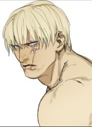 Rule 34 | 1boy, blonde hair, blue eyes, closed mouth, highres, jack krauser, looking at viewer, male focus, muscular, non-web source, resident evil, scar, tatsumi (psmhbpiuczn), topless male