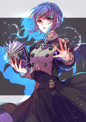 1girl bags_under_eyes blue_hair book braid brown_eyes commentary_request crown_braid fire_emblem fire_emblem:_three_houses floating_hair garreg_mach_monastery_uniform highres holding holding_book long_sleeves looking_at_viewer magic marianne_von_edmund nintendo open_book short_hair short_hair_with_long_locks sidelocks solo twitter_username yutohiroya