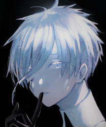 Rule 34 | 1other, androgynous, antarcticite, black background, broken, colored eyelashes, colored skin, crack, finger to mouth, gloves, hair over one eye, houseki no kuni, long bangs, looking at viewer, portrait, ririkonosukee, short hair, solo, white eyes, white hair, white skin