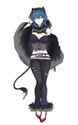 Rule 34 | 1girl, alternate costume, animal ears, belt, black pants, blue eyes, blue hair, breasts, byleth (female) (fire emblem), byleth (fire emblem), cat ears, cleavage, cleavage cutout, closed mouth, clothing cutout, corset, fake animal ears, fake tail, fire emblem, fire emblem: three houses, full body, medium hair, midriff, nintendo, pants, shimizu akina, simple background, solo, tail, torn clothes, torn pants, white background