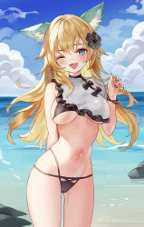 Rule 34 | 1girl, ;d, absurdres, animal ear fluff, animal ears, bikini, black bikini, black nails, blonde hair, blue eyes, blue sky, blush, breasts, breasts apart, cloud, commission, day, fang, flower, hair flower, hair ornament, hand up, highres, horizon, large breasts, long hair, navel, ocean, one eye closed, open mouth, original, outdoors, rurufix, sky, smile, solo, stomach, swimsuit, underboob
