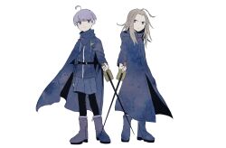 Rule 34 | 2boys, ahoge, blonde hair, blue cape, blue coat, blue footwear, blue jacket, blue shorts, boots, cape, closed mouth, coat, crossed swords, frown, full body, highres, holding, holding sword, holding weapon, jacket, long hair, long sleeves, looking at viewer, macha (macha3635toa), makoto kagutsuchi, male focus, master detective archives: rain code, multiple boys, purple eyes, purple hair, short hair, shorts, simple background, spoilers, standing, sword, weapon, white background, yuma kokohead