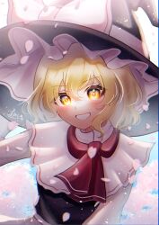 Rule 34 | 1girl, absurdres, ascot, black dress, black hat, blonde hair, blush, bow, cherry blossoms, dress, grin, hair between eyes, hat, hat bow, highres, kirisame marisa, long sleeves, looking at viewer, perfect cherry blossom, petals, red ascot, short hair, smile, solo, sumishiro 8070, touhou, upper body, white bow, witch hat, yellow eyes