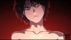 Rule 34 | 1boy, aged down, bare shoulders, black hair, bleach, bleach: sennen kessen-hen, brown eyes, close-up, collarbone, commentary request, hair between eyes, head tilt, highres, looking at viewer, no eyebrows, nose, ovasayuri, parted lips, red background, short hair, simple background, solo, straight-on, tsurime, twitter username, yhwach