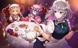 Rule 34 | 3girls, apron, ascot, back bow, bat wings, blonde hair, blue dress, blue eyes, blue hair, bow, bowtie, box, braid, chair, circle skirt, closed eyes, closed mouth, collared shirt, cookie, crystal wings, cup, desert, dress, eyelashes, fang, flandre scarlet, flower, food, frilled apron, frilled dress, frilled hat, frilled shirt collar, frilled sleeves, frilled wrist cuffs, frills, game cg, green bow, green bowtie, grey hair, hair bow, hat, hat bow, holding, holding box, holding cup, holding plate, holding stuffed toy, holding teapot, indoors, izayoi sakuya, light rays, long hair, looking at another, macaron, maid, maid headdress, mairo, mob cap, multiple girls, official art, open mouth, pink flower, pink headwear, pink rose, pink shirt, plate, puffy short sleeves, puffy sleeves, purple flower, purple rose, red ascot, red bow, red flower, red rose, red wrist cuffs, remilia scarlet, rose, shirt, short dress, short hair, short sleeves, siblings, side ponytail, sisters, sitting, sleeveless, sleeveless dress, smile, sparkle, spoon, stuffed animal, stuffed toy, sugar bowl, table, tea, teacup, teapot, teddy bear, touhou, touhou cannonball, twin braids, upper body, v-neck, waist apron, white apron, white bow, white headdress, white headwear, white shirt, white wrist cuffs, wings, wrist cuffs, yellow eyes