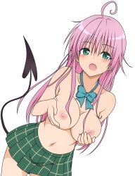 Rule 34 | 10s, 1girl, ahoge, bow, breast hold, breast press, breasts, cleavage, demon tail, female focus, green eyes, highres, lala satalin deviluke, large breasts, long hair, nipples, no bra, open mouth, pink hair, school uniform, skirt, solo, tail, to love-ru, to love-ru darkness, topless, transparent background